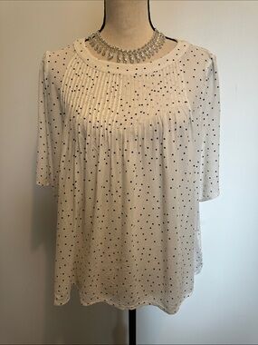 GAP Cream Short Sleeve Navy Blue Polka Dot Pintuck Blouse Top Large Boho